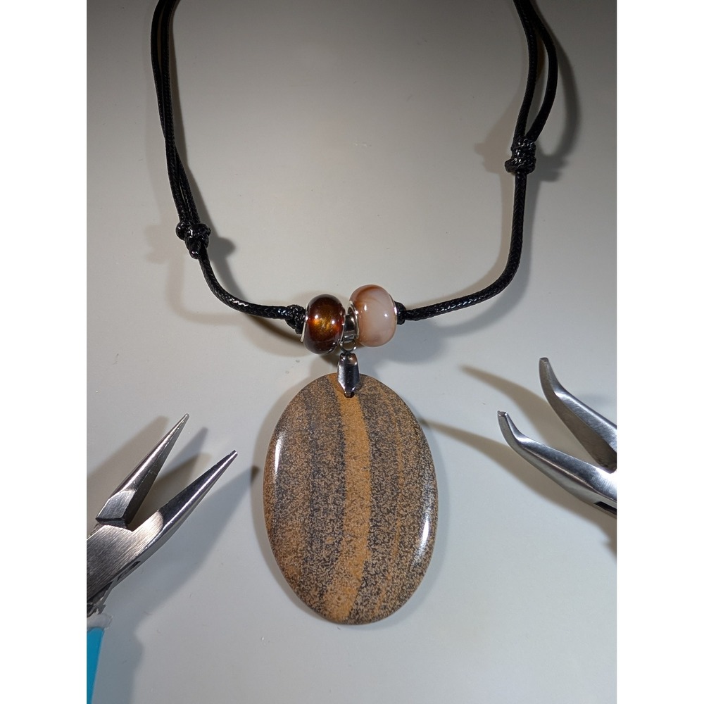 Natural Picture Jasper Oval Pendant Adjustable Black Cord Necklace Earthy Boho